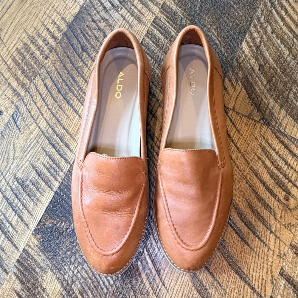ALDO Rheildanflex Leather Loafer Women's 8.5 Tan Slip On Shoe Minimalist Chic - Picture 1 of 10